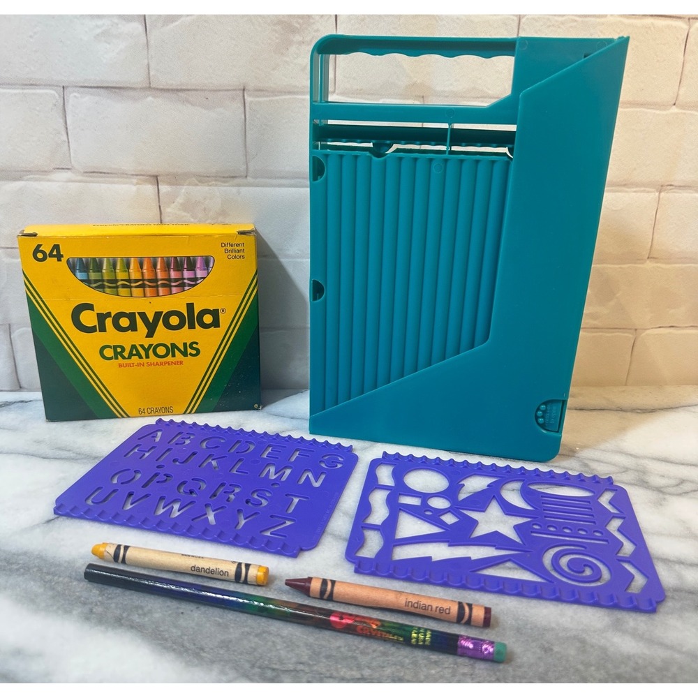 Vintage 1991 Crayola Teal Case 64 Pack Rare Indian Red & Dandelion Crayon Set
